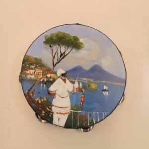Tamburello dipinto a mano diametro cm.20 circa Veduta di Napoli con pulcinella e cornetto portafortuna cod. B
