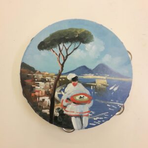 Tamburello dipinto a mano diametro cm.20 circa Veduta di Napoli con Pulcinella e pizza cod. C