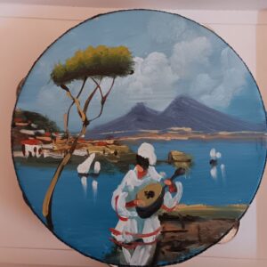 Tamburello dipinto a mano diametro cm.20 circa Veduta di Napoli con pulcinella suonatore di mandolino cod. D